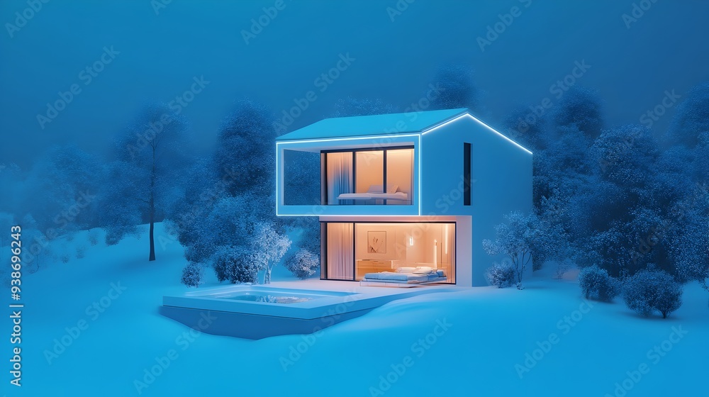 Poster virtual twin monitoring and optimizing smart home technology digital dashboard displaying home autom