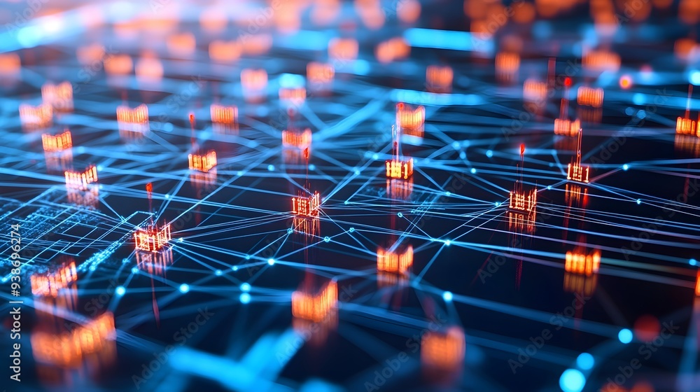 Poster a complex network of interconnected digital twins each representing a physical asset or system excha