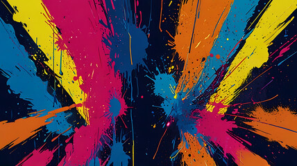 A playful abstract wall with splashes of neon yellow, electric blue, and hot pink, creating a fun and energetic vibe, modern design.