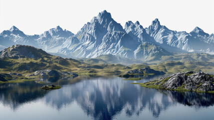 Beautiful mountain range with a large body of water in the foreground isolated on transparent background