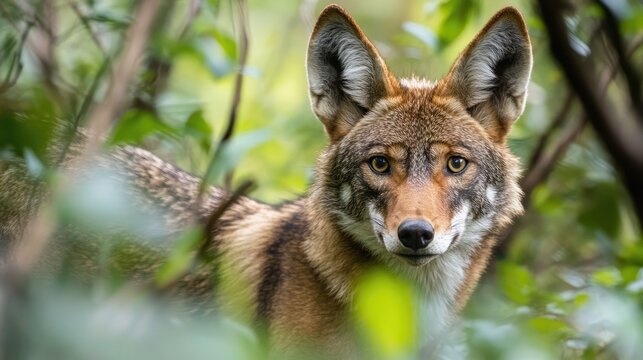 A Coywolf Peering Through Foliage