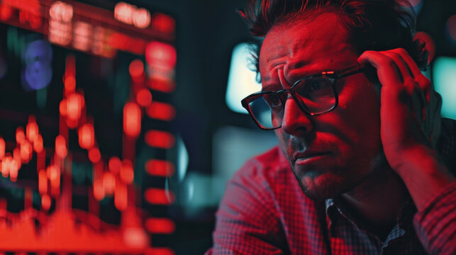 Stock trader suddenly fails, financial crisis concept with sad stockbroker with negative symbol data, red chart and real time data - Powered by Adobe