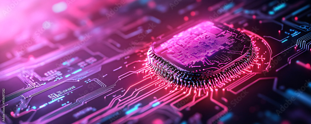 Aufkleber close-up of a vibrant microchip surrounded by glowing circuits, symbolizing advanced technology and 