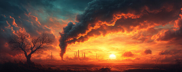 Obraz premium A vivid sunset landscape with dramatic clouds and factory smoke, highlighting the contrast of nature and industry.