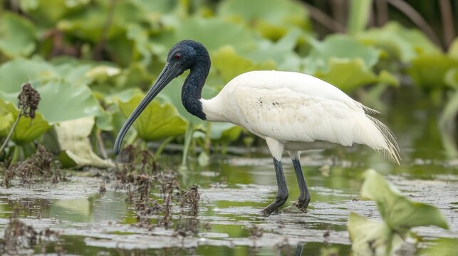 Black-headed Ibis Wading Through a Marsh