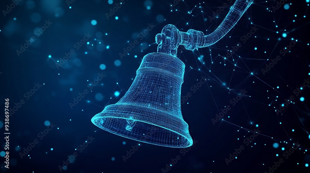 Poster abstract image of a handbell at the reception. with dark blue background. low poly wireframe with li