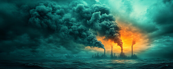 Dramatic scene of industrial pollution with thick smoke rising from chimneys against an eerie sunset backdrop.