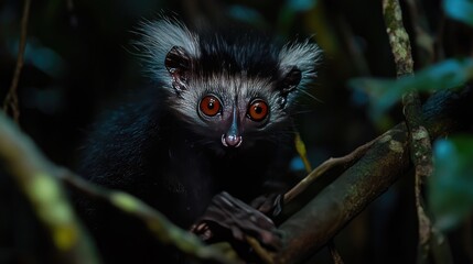 Obraz premium A Close-Up of a Black-and-White Mouse Lemur with Bright Orange Eyes