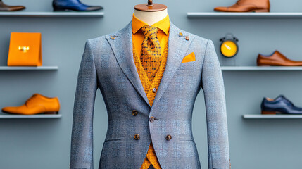 Elegant tailored suit displayed on a mannequin with stylish accessories, perfect for fashion and formal wear inspiration.