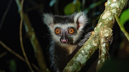 Fototapeta premium A Black and White Mouse Lemur with Orange Eyes Perched on a Branch