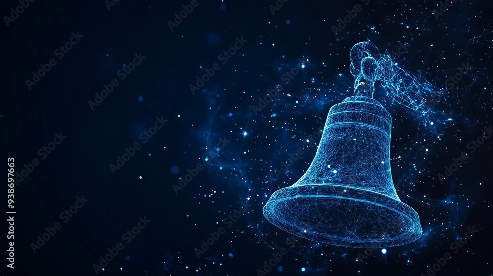 Poster abstract image of a handbell at the reception. with dark blue background. low poly wireframe with li