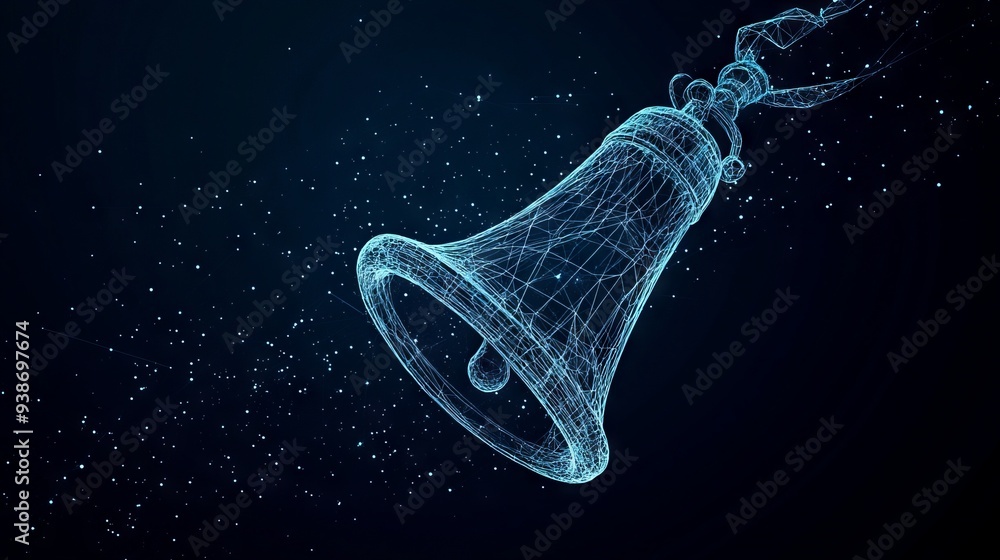 Poster abstract image of a handbell at the reception. with dark blue background. low poly wireframe with li