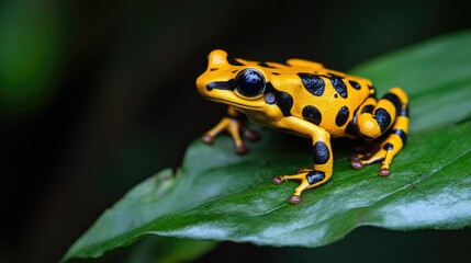 Fototapeta premium Yellow-banded Poison Dart Frog Perched on a Green Leaf