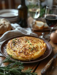 Rustic Tortilla Espanola, Spanish omelette close up on wooden table