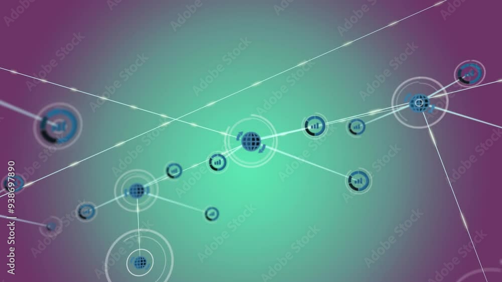 Poster network of connections and data processing animation over gradient background