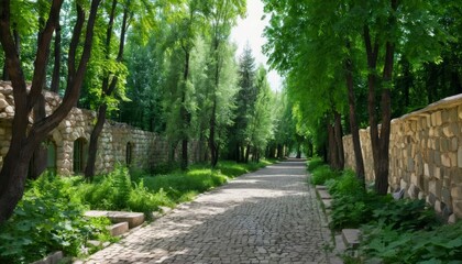 Fototapeta premium Peaceful cobblestone path through a lush treelined garden