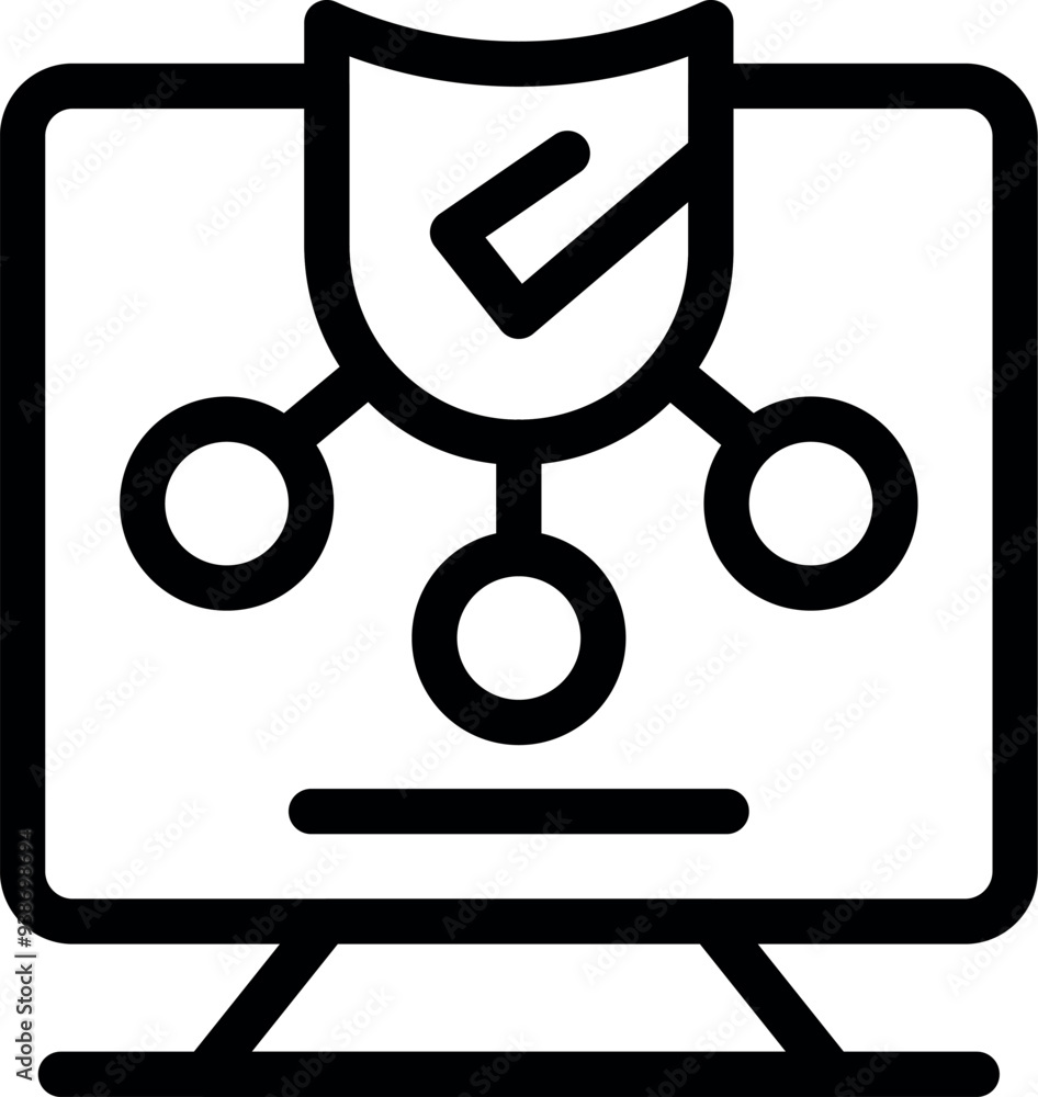 Poster shield with a checkmark is protecting a network connection on a computer, symbolizing data protectio