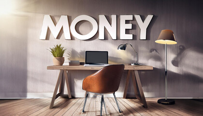 モダンなデスクがあり、その背後の壁に「MONEY」という大きな文字が強調されています。デスクの上にはラップトップ、ランプ、観葉植物が配置されており、ビジネスや成功、財務に関連する雰囲気を醸し出しています。自然光が差し込むシーンが全体的に温かみを加えています。generative AI