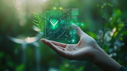 Close-up of a hand holding a smart energy device, conservation technology, efficient power management, green innovation, sustainable living