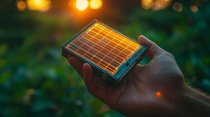 Close-up of a hand holding a solar-powered device, conservation technology, green innovation, efficient energy use, sustainable living