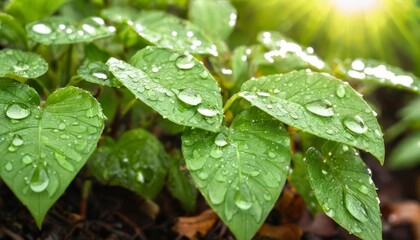  Dewy morning dew on vibrant green leaves