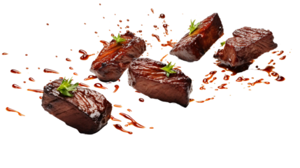 Delicious grilled steak bites garnished with herbs, PNG