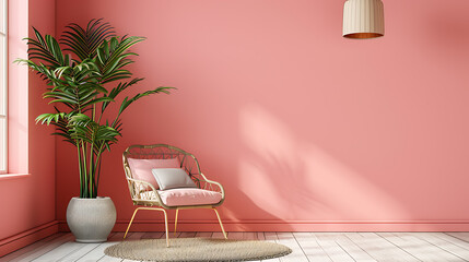 A wicker chair with pink cushions sits in a room with a large potted plant and a pink wall. The room is bright and airy, with natural light coming in from the window.