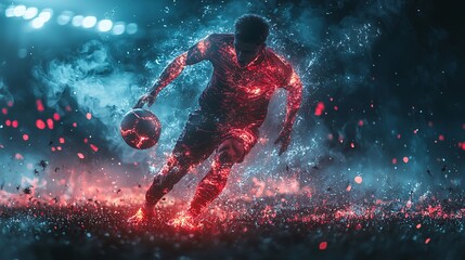 Player shielding the ball, intense struggle, physical contact, stadium lights