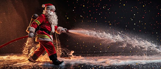 Santa Firefighter. Firefighter in Santa costume with hose and foam. security. Fire, Salvation. The concept of fire safety during the holidays. Security. Background. banner. Humor