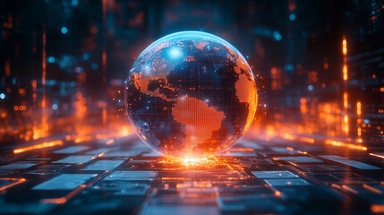 Planet of Data Streams: A radiant globe pulsates with energy, nestled within a futuristic cityscape of data streams and neon lights, embodying the interconnectedness of our digital world.