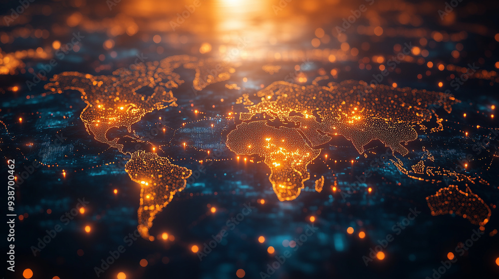 Poster global connectivity: a mesmerizing abstract world map, rendered in glowing lines, representing a net