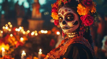  woman on day of the dead at cemetery