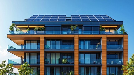 Solar panels on a modern apartment building, sustainable living, green technology, energy efficiency, innovative urban development