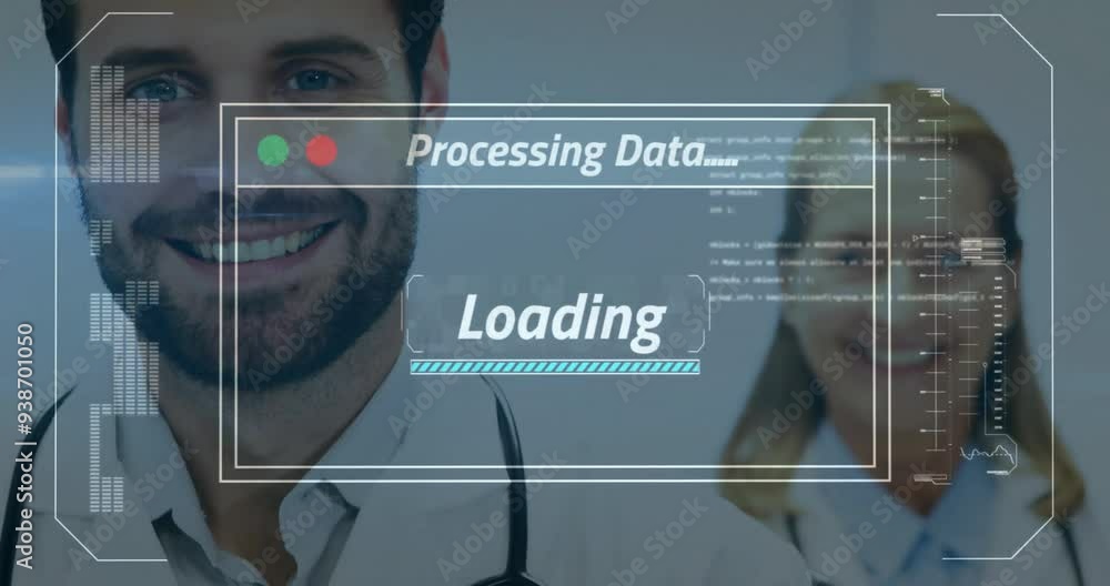 Poster processing data and loading animation over smiling medical professionals in hospital