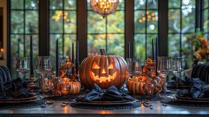 Halloween Table Setting: A beautifully styled table with an illuminated jack-o'-lantern centerpiece, black and orange decor, and candles, creating a spooky and festive ambiance for a Halloween dinner 