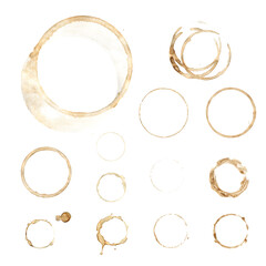 Various Coffee Stains of Different Sizes and Shapes on Isolated White Background for Design Projects