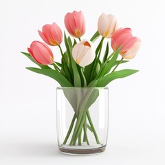 Tulips in a glass vase, minimalist design, isolated on white background, 3D illustration