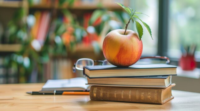 An apple with a young plant sprouting from it sits on a stack of books next to reading glasses and a pencil on a wooden desk