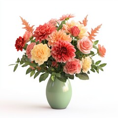 Obraz premium Dahlias and roses in a mixed bouquet vase, lush and colorful, isolated on white background, 3D illustration