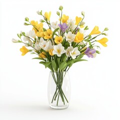 Freesias in a clear vase, fresh and fragrant, isolated on white, 3D illustration