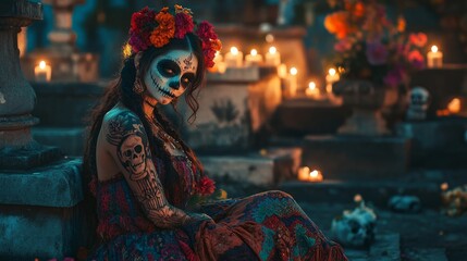  woman on day of the dead at cemetery