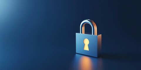 Fototapeta premium A 3D single icon of a digital padlock with a glowing keyhole set on a dark blue background that symbolizes advanced security systems. The simple style design is sleek and focus