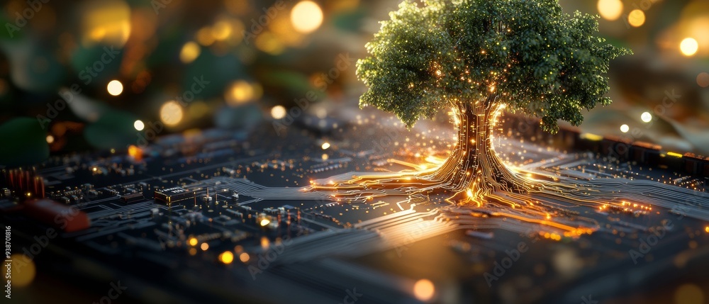 Poster a surreal blend of nature and technology, featuring a glowing tree emerging from a circuit board, sy