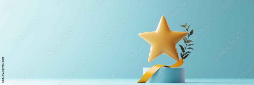 Poster a 3d simple style icon of a star with a ribbon symbolizing quality rating and achievement in a busin