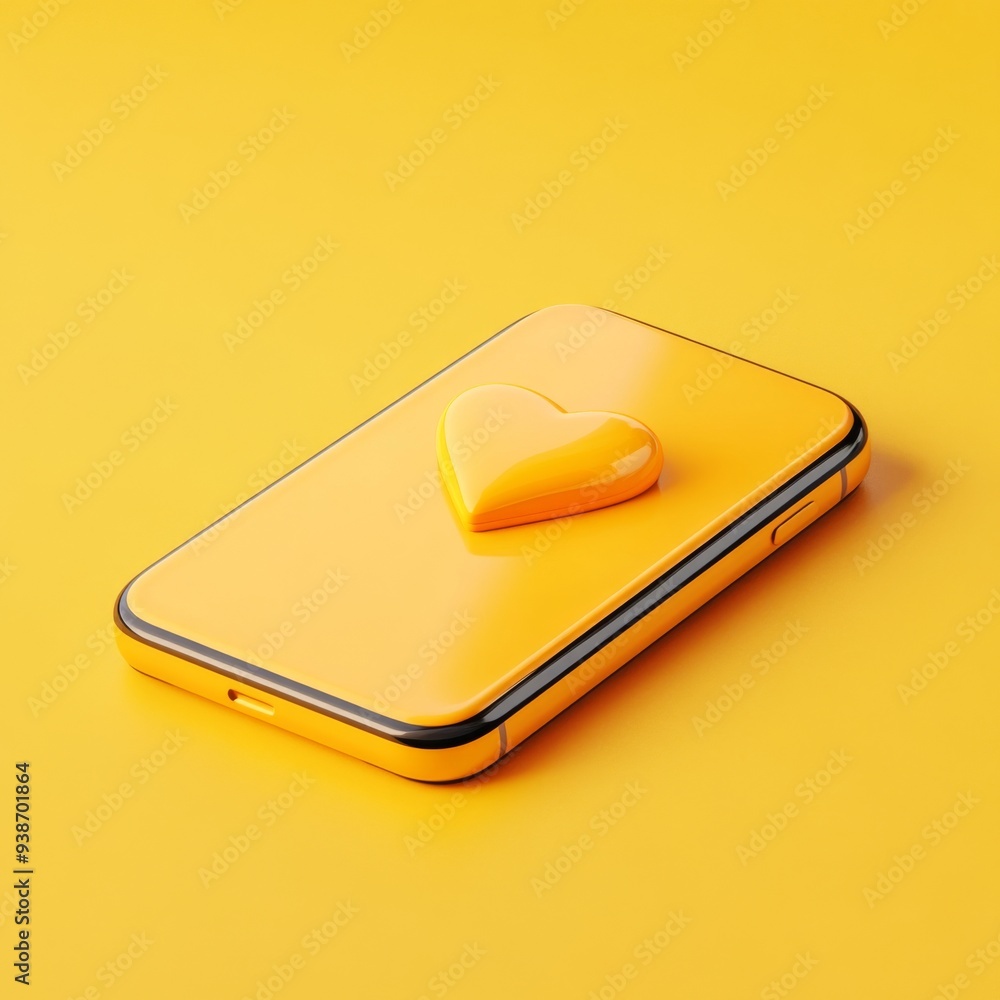 Poster a 3d simple style icon of a mobile phone with a heart symbol representing social media engagement an