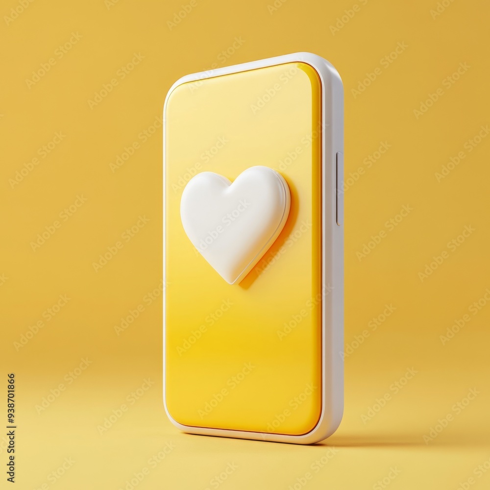 Poster a 3d simple style icon of a mobile phone with a heart symbol representing social media engagement an