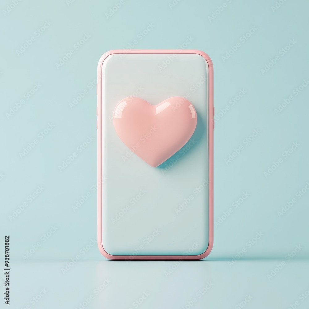 Poster a 3d simple style icon of a mobile phone with a heart symbol representing social media engagement an