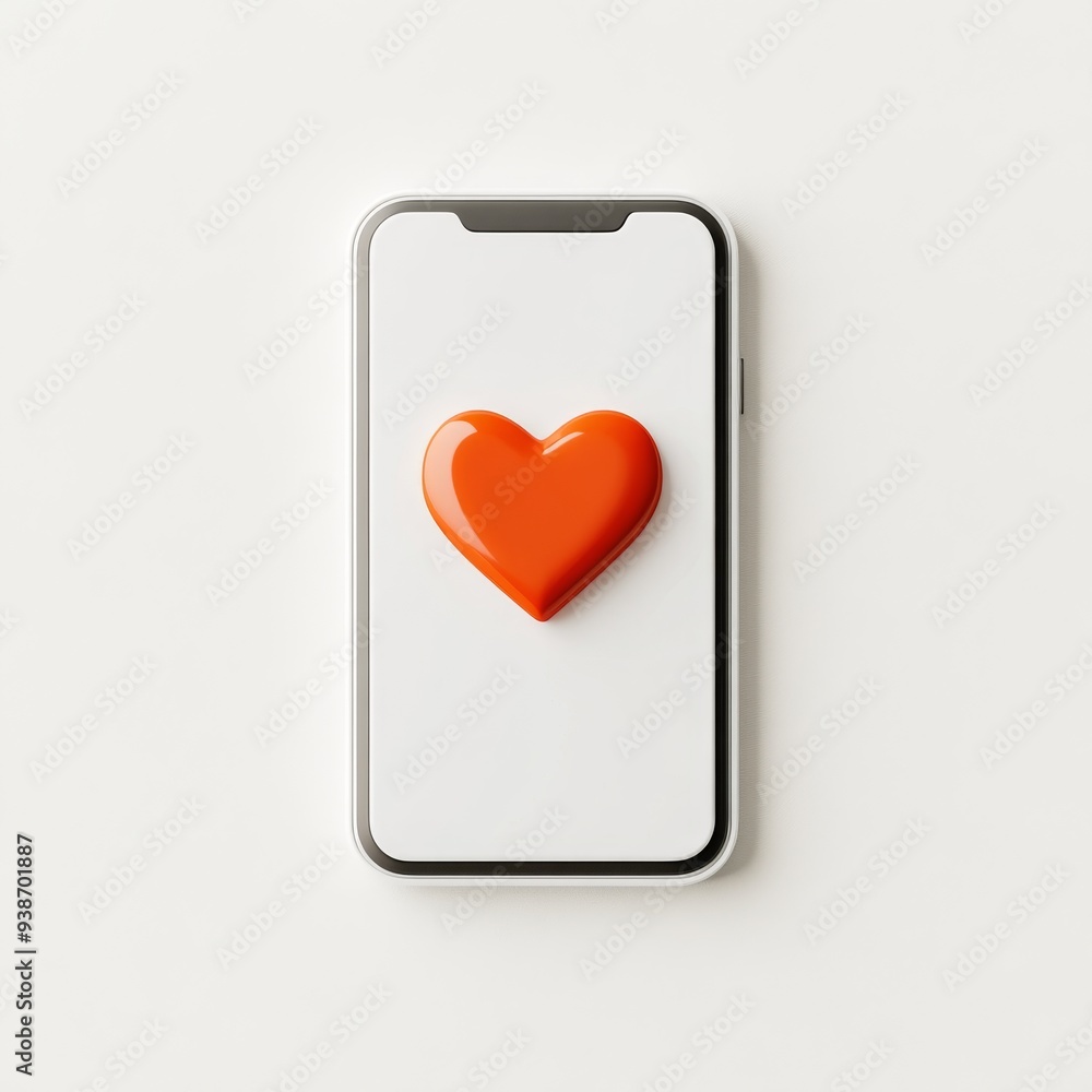 Poster a 3d simple style icon of a mobile phone with a heart symbol representing social media engagement an
