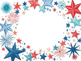Obraz premium Colorful star and firework border, perfect for holiday or celebration themes. Red, blue, and white stars on a festive background.