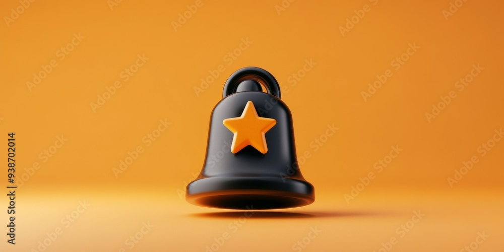 Poster a 3d simple style icon of a bell with a star representing notifications and alerts in a digital envi